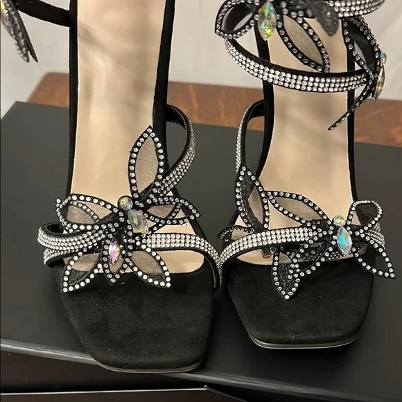Elegant Black Strappy Heels with Rhinestone Accents - Picture 6 of 9